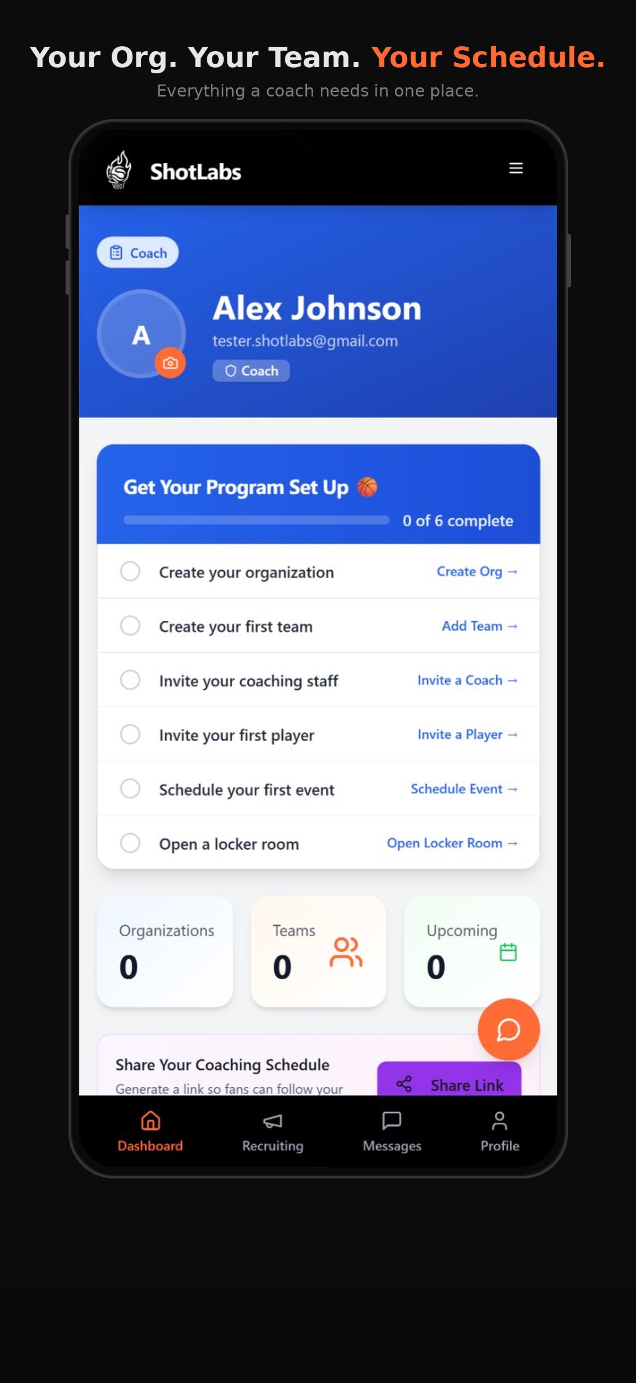 ShotLabs coach dashboard showing team schedule and roster