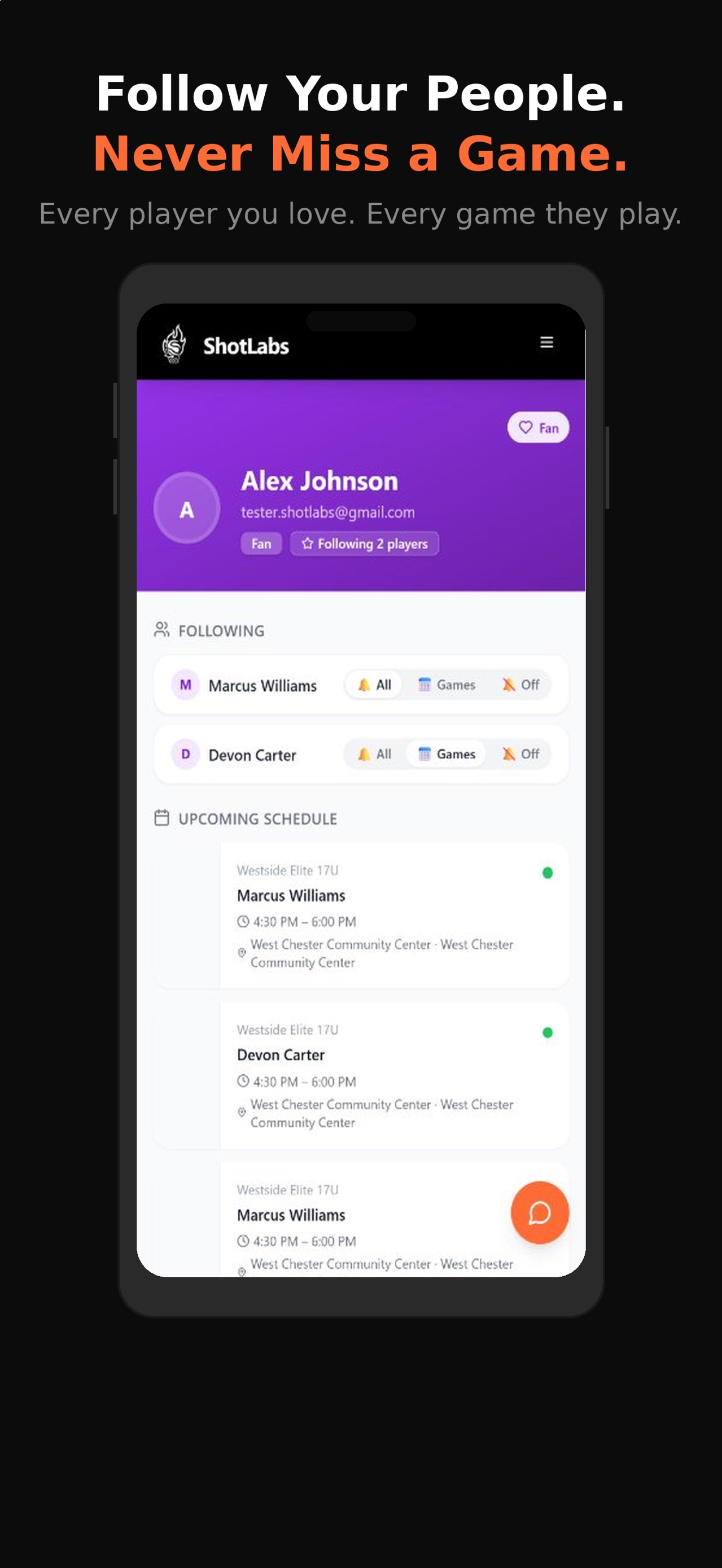 ShotLabs fan follow feed showing followed players' live and upcoming games